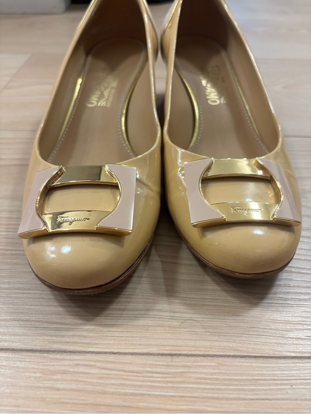 Salvatore Ferragamo | leather and suede block heels | classic beige